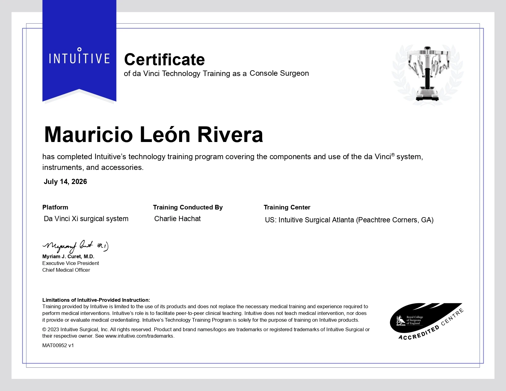 Certificado Multi-Port Technology Training Xi del Dr. Mauricio León Rivera